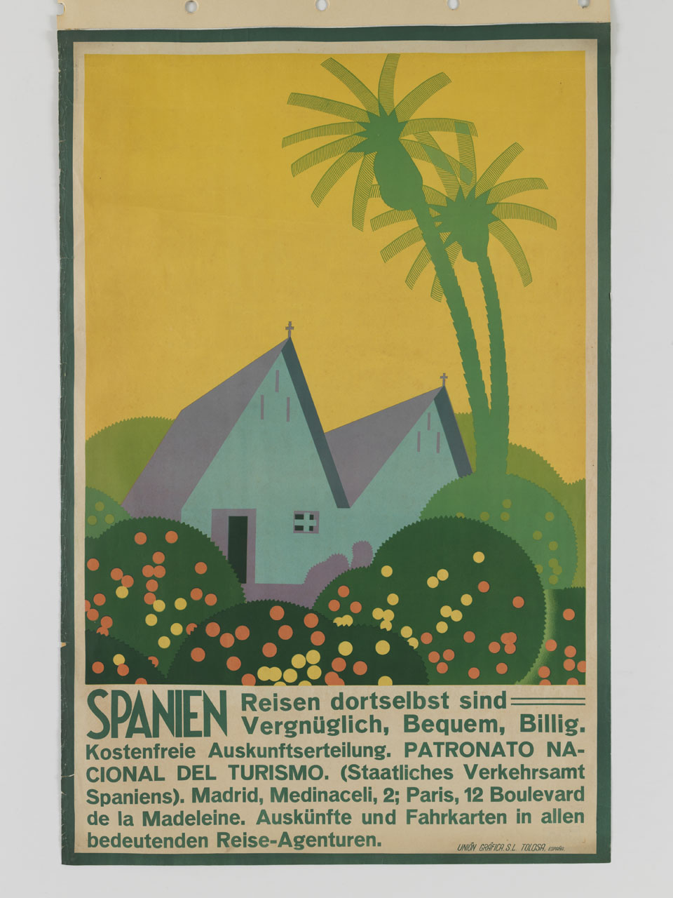 chiesa con palme e siepi stilizzate (manifesto) - ambito spagnolo (metà sec. XX)