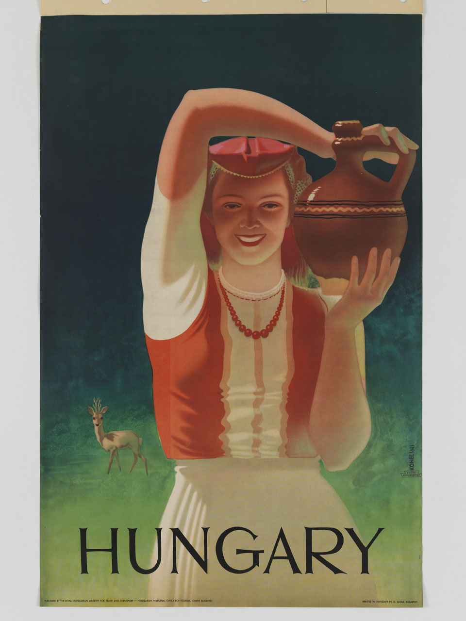 ragazza in costume tradizione con una brocca e sullo sfondo un capriolo (manifesto) di Konecsni György (sec. XX)