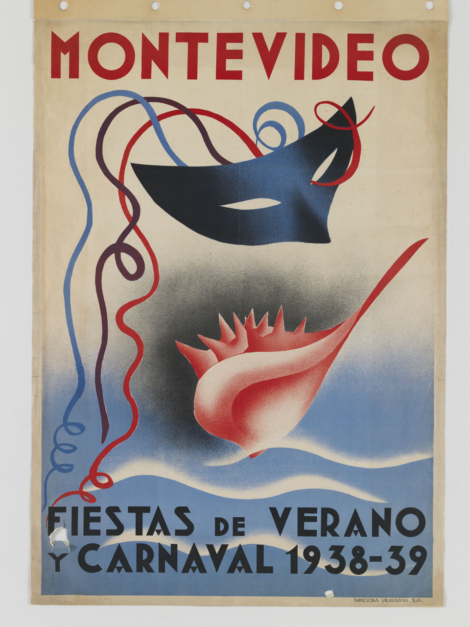 maschera con stelle filanti fluttua sopra una grande conchiglia (manifesto) - ambito uruguaiano (sec. XX)