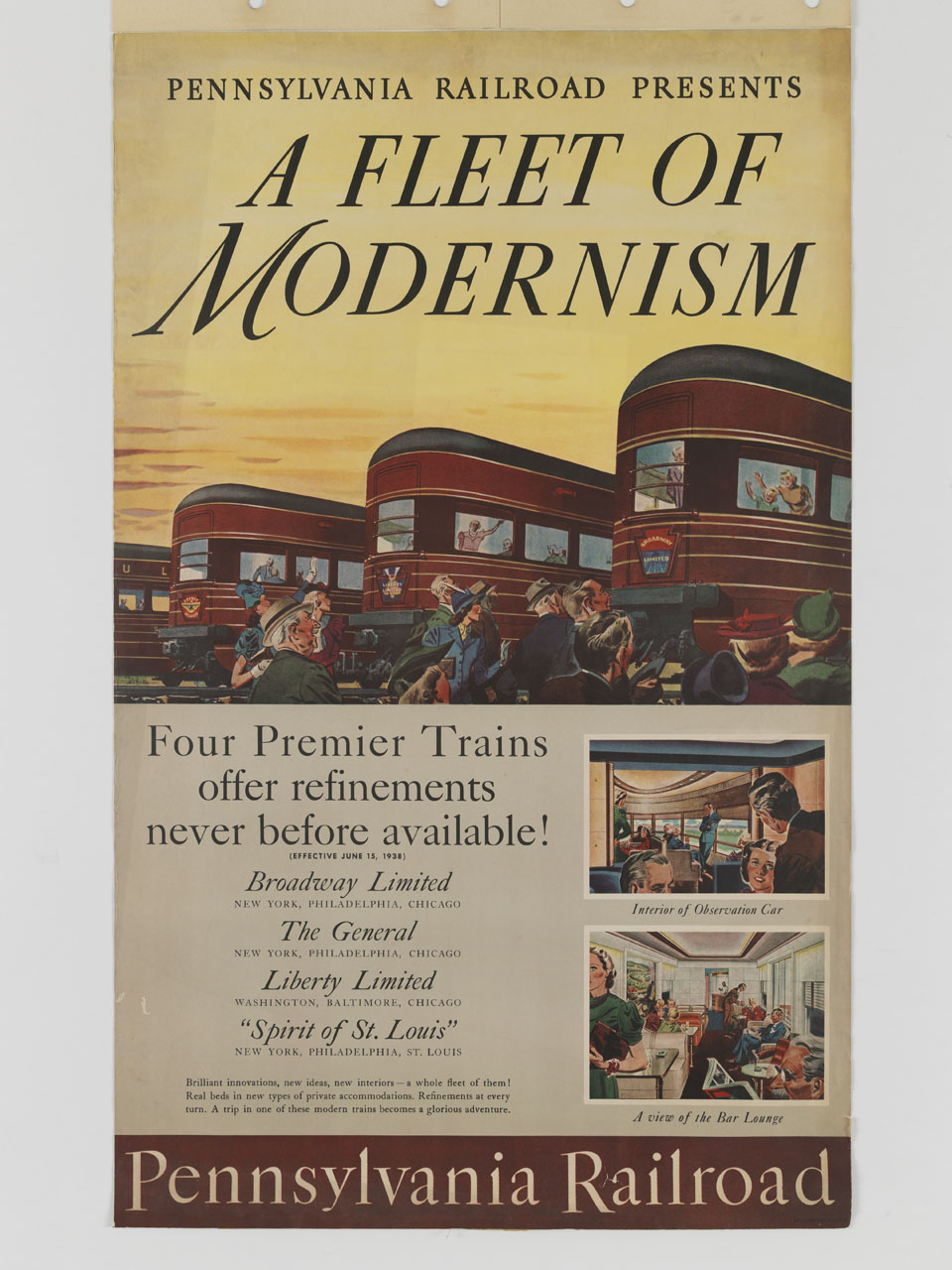 quattro treni in partenza tra i saluti della gente e scene di vita nelle carrozze (manifesto) - ambito statunitense (sec. XX)