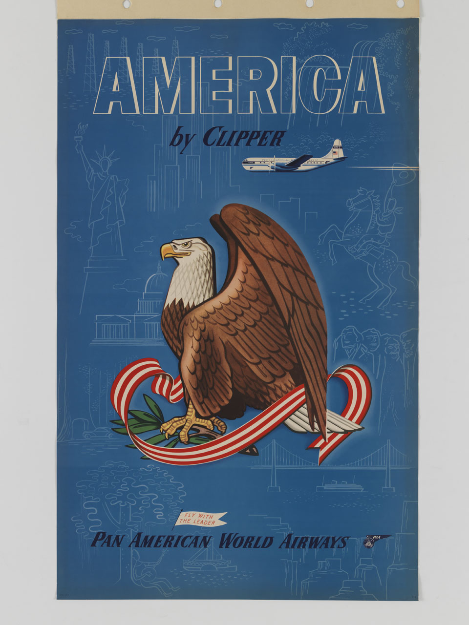 aquila americana trionfante con ramo di ulivo e nastro a righe bianche e rosse su cielo attraversato da un aereo e impressionato dai simboli degli Stati Uniti d'America (manifesto) - ambito statunitense (seconda metà sec. XX)