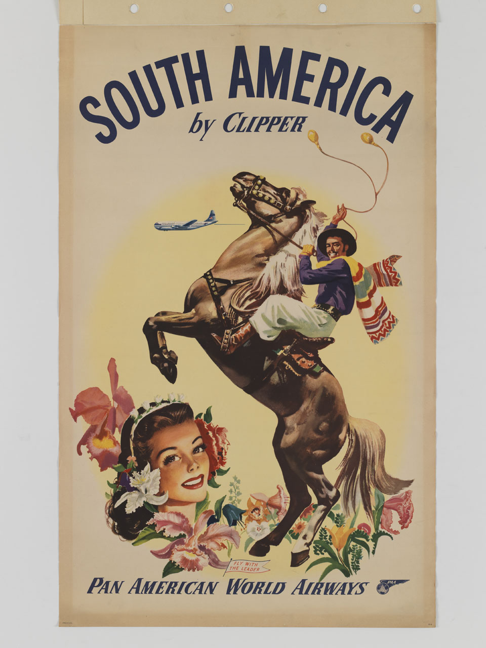 gaucho a cavallo con bolas si impenna su una composizione floreale con un viso di ragazza e sullo sfondo un aereo in volo (manifesto) - ambito statunitense (seconda metà sec. XX)