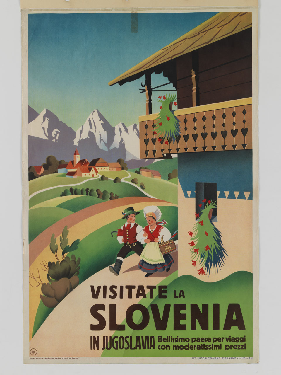 paesaggio alpino con figure in costume e case di montagna (manifesto) - ambito sloveno (terzo quarto sec. XX)