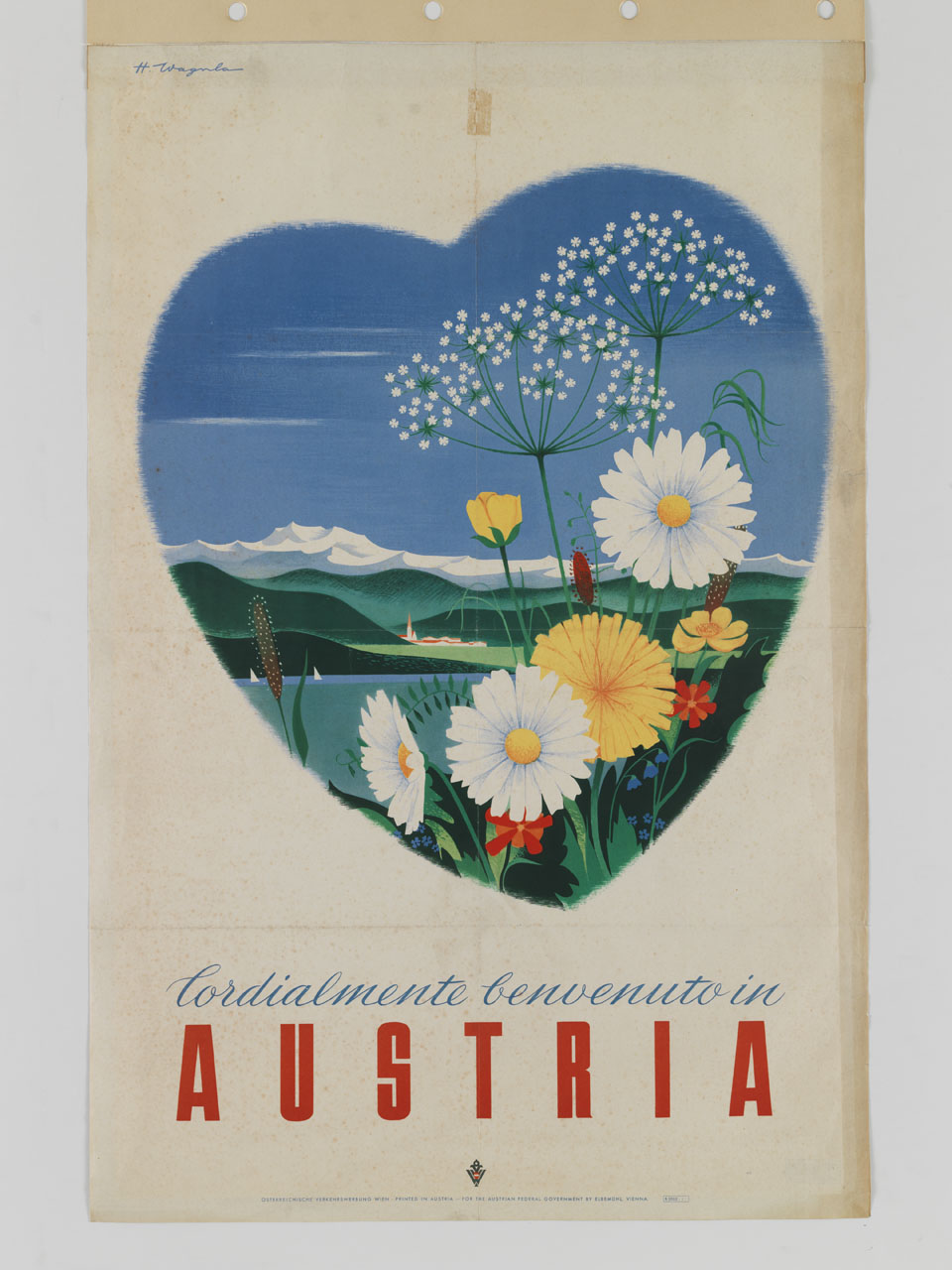 cuore mostra un paesaggio alpino con fiori in primo piano (manifesto) di Wagula Hans (metà sec. XX)