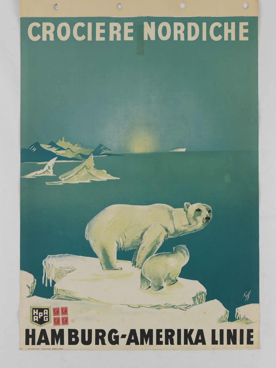 orso bianco con cucciolo sul ghiaccio e nave all'orizzonte (manifesto) di Fuss (Fuß) Albert (sec. XX)