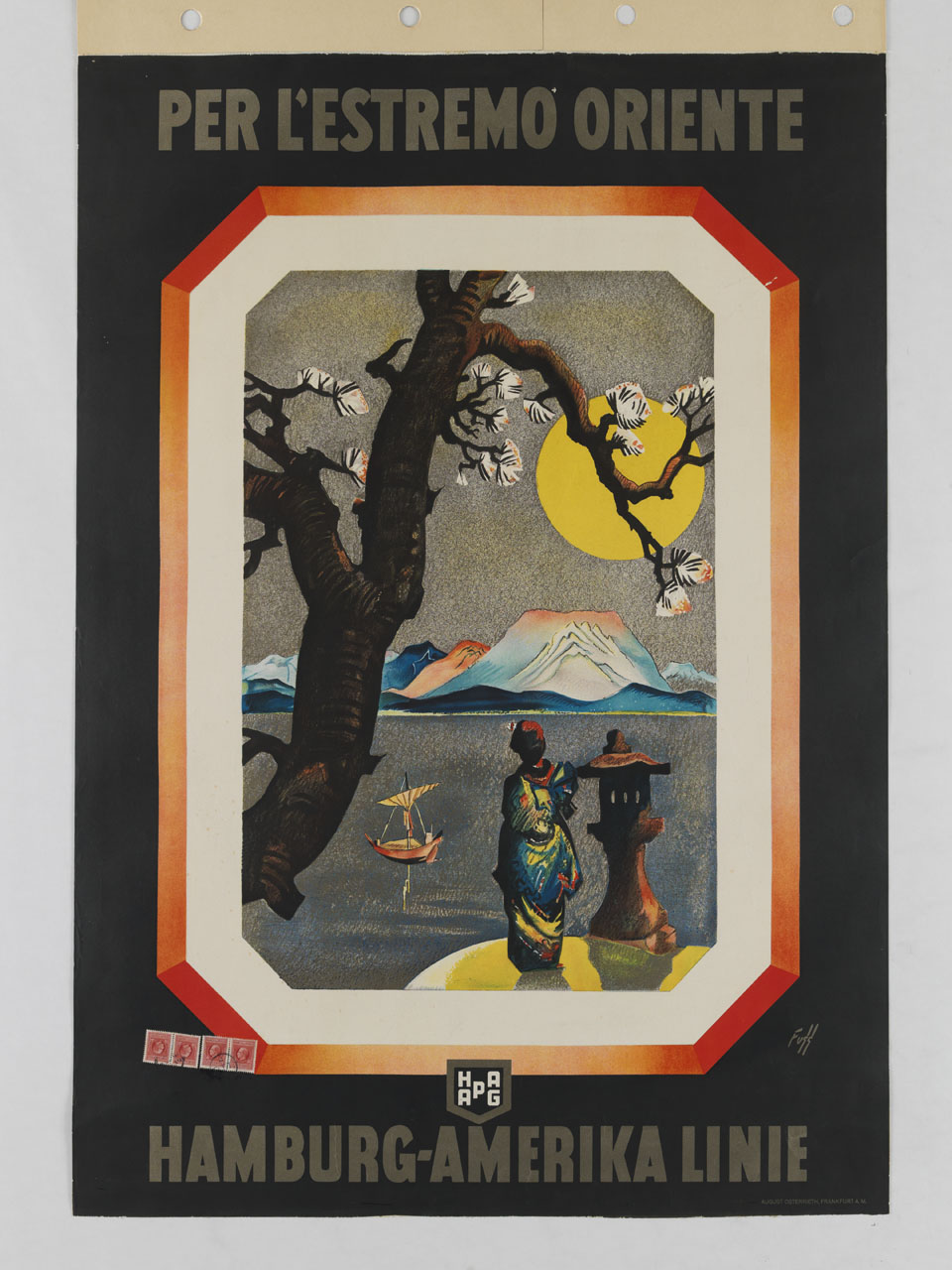 donna giapponese di spalle sotto un ciliegio osserva un paesaggio con barca, montagne e sole all'orizzonte (manifesto) di Fuss (Fuß) Albert (sec. XX)