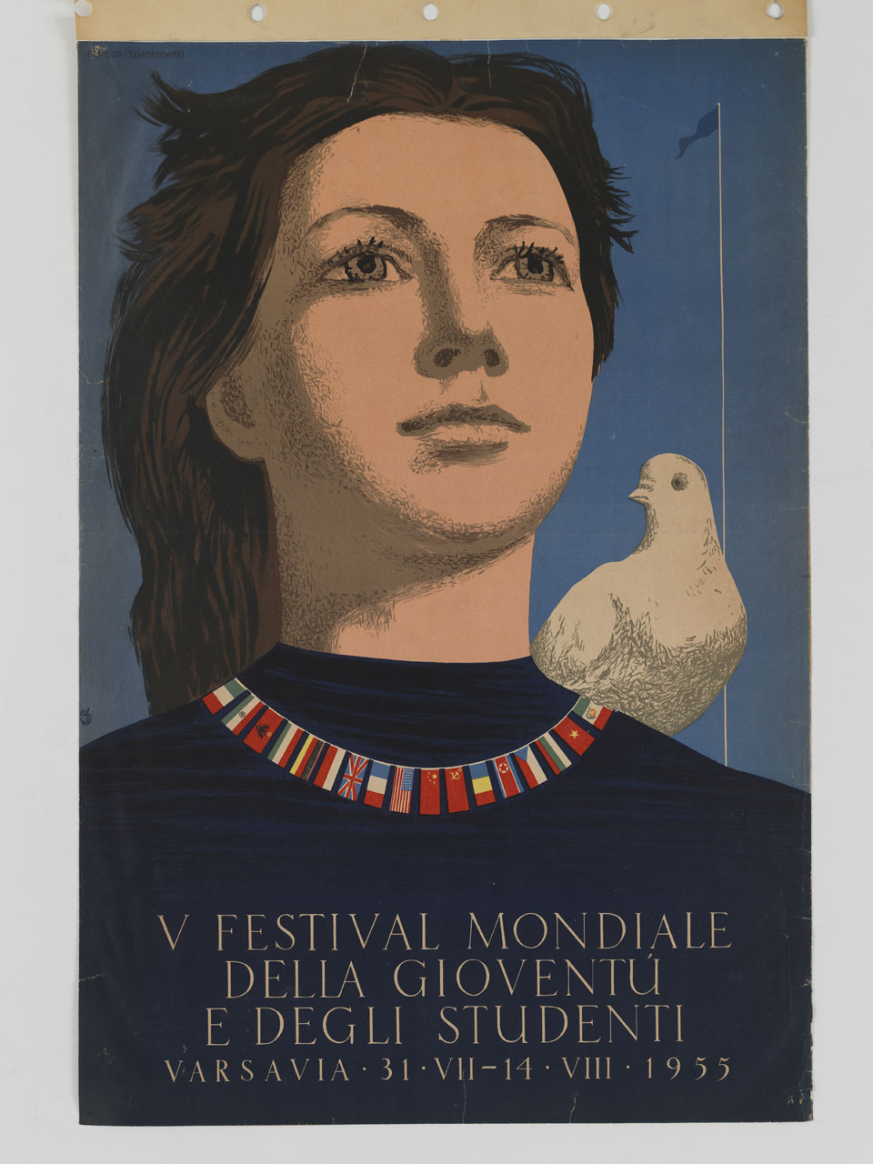 donna guarda verso l’alto, al collo ha una corona di bandiere e sulla spalla sinistra una colomba bianca (manifesto) di Pangor Tchorzewski - ambito polacco (sec. XX)