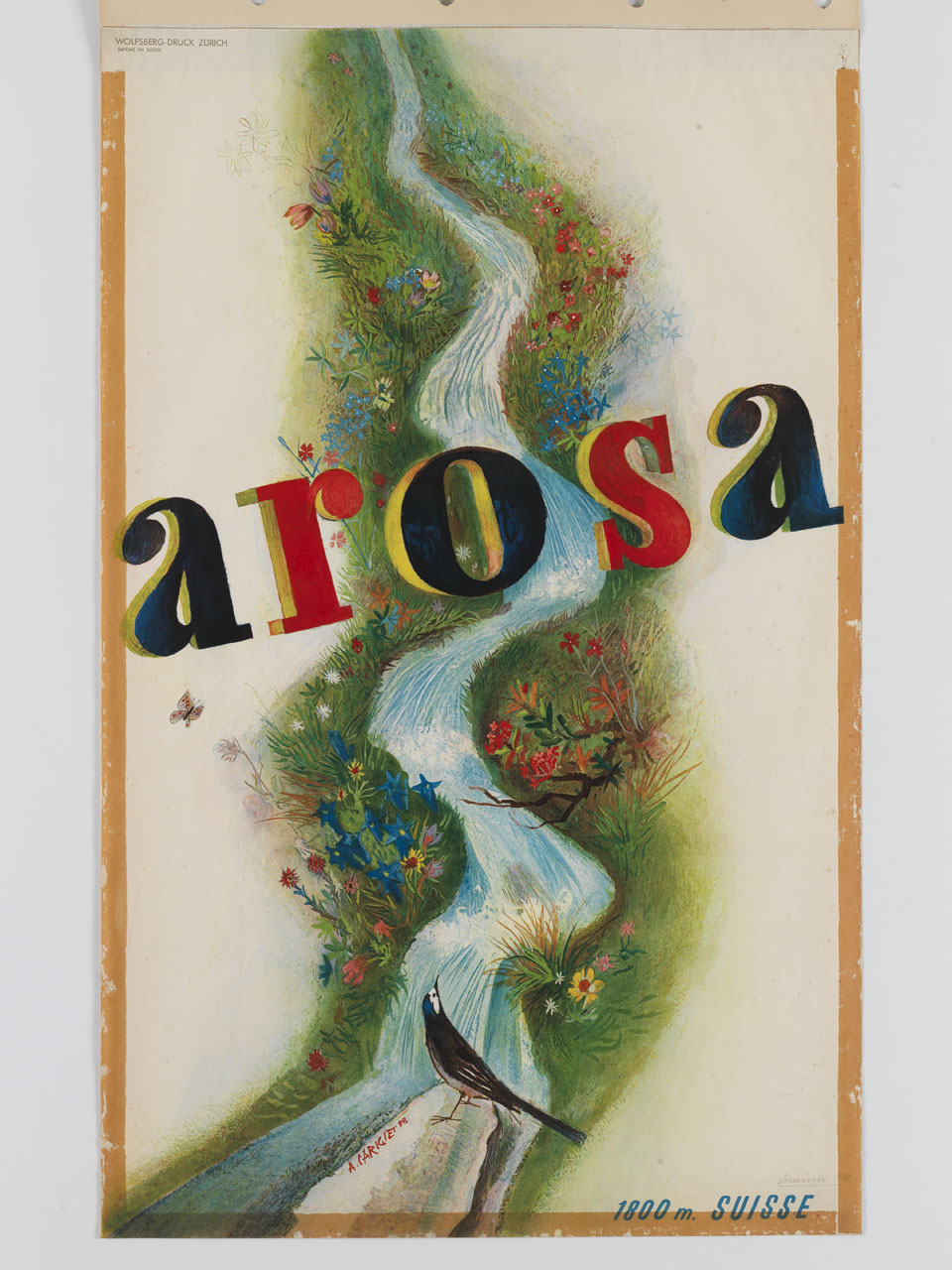 torrente scorre attraversando un prato fiorito (manifesto) di Carigiet Alois (sec. XX)