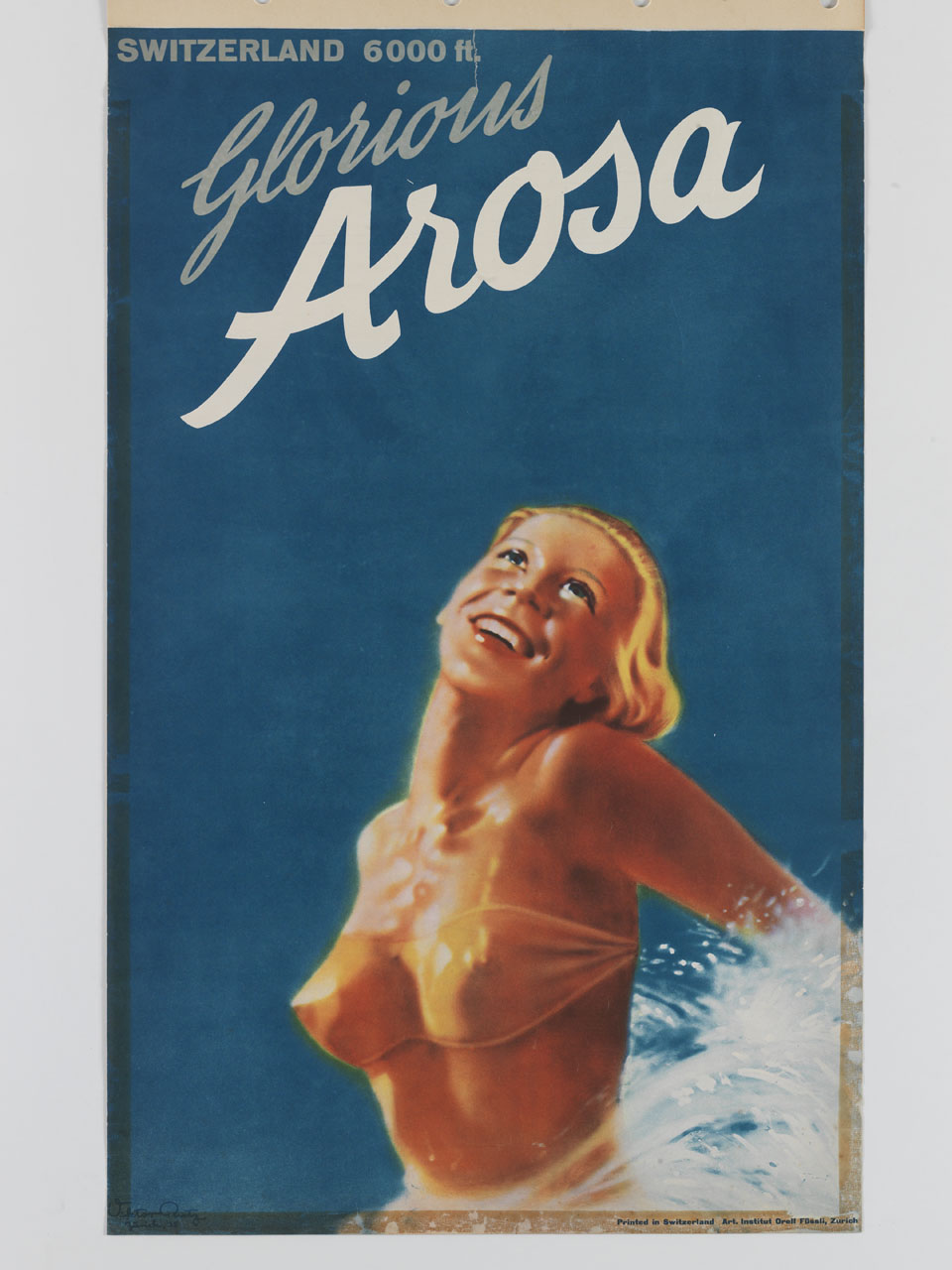 donna in bikini sorride mentre fa il bagno (manifesto) di Runtz Viktor - ambito svizzero (sec. XX)