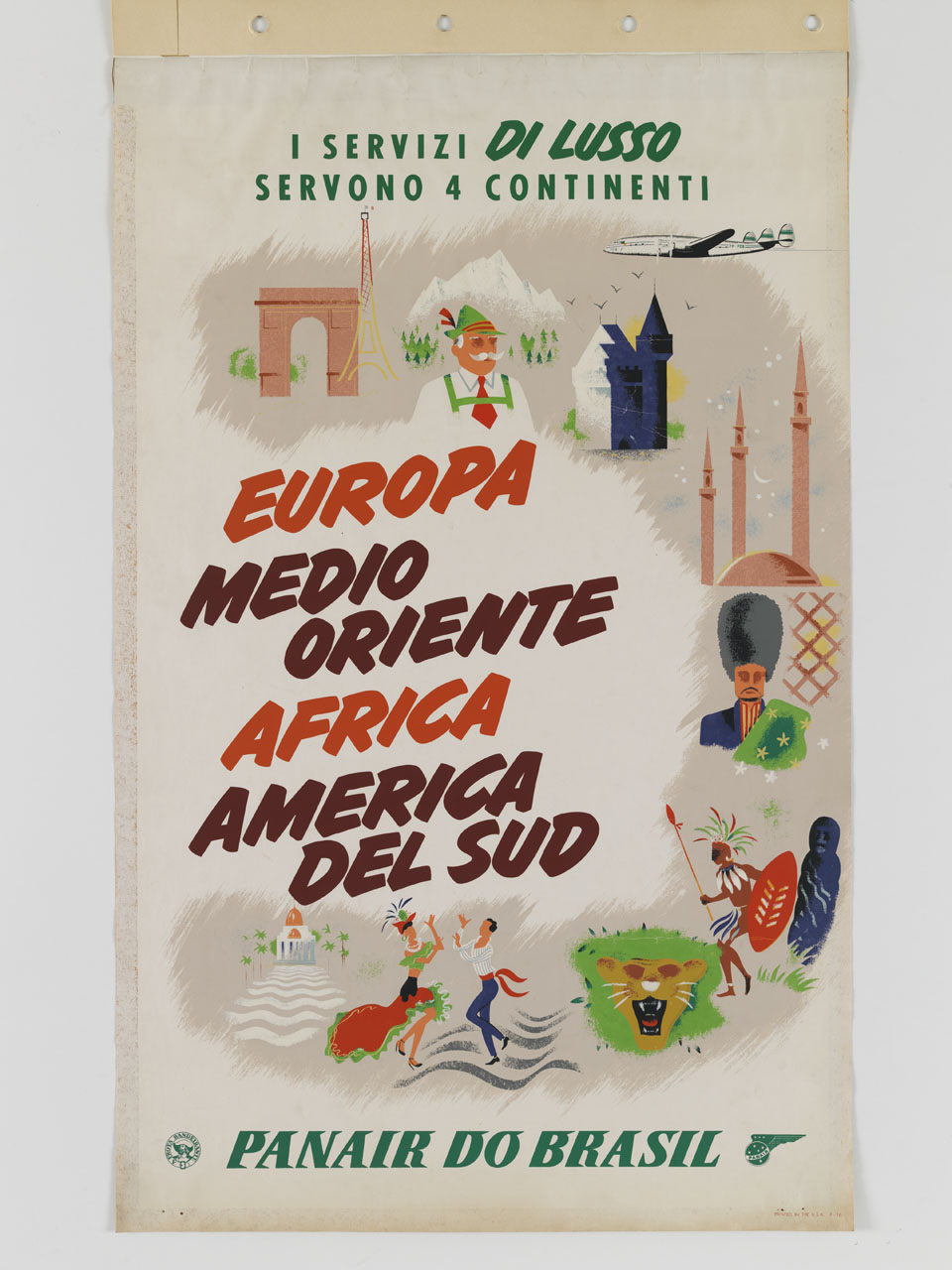 aeroplano e immagini simbolo dell'Europa Medio Oriente Africa e America del Sud (manifesto) - ambito America settentrionale (sec. XX)