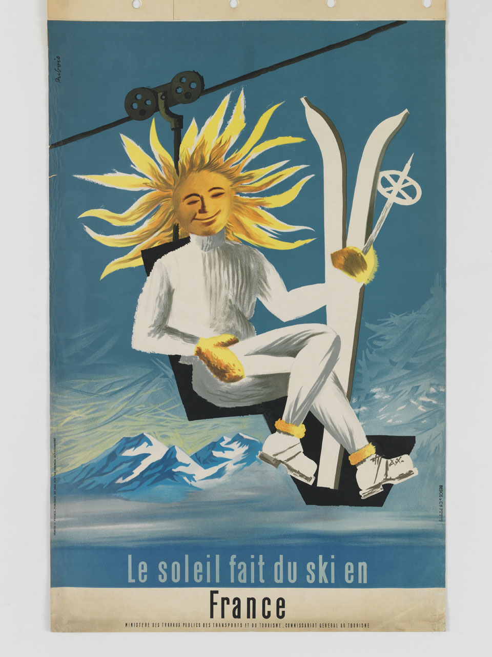 sciatore col volto del Sole viaggia seduto su una seggiovia (manifesto) di Dubois Jacques (sec. XX)