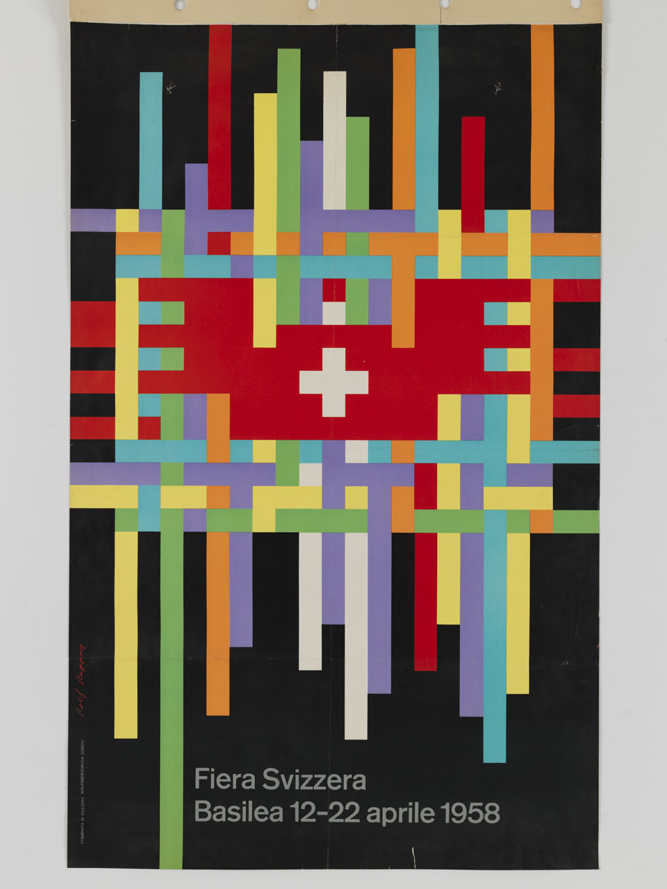 strisce verticali e orizzontali di diverso colore si uniscono al centro a formare un elmo alato rosso con croce bianca (manifesto) di Rappaz Rolf (sec. XX)