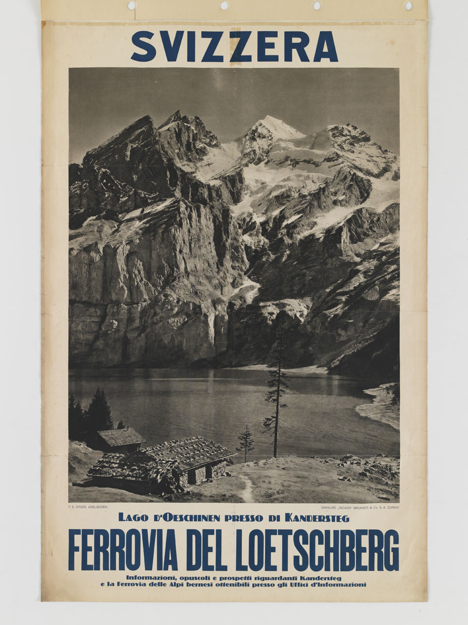 veduta di casa sulla riva di un lago circondato da montagne (manifesto) di Gyger F.E - ambito svizzero (sec. XX)