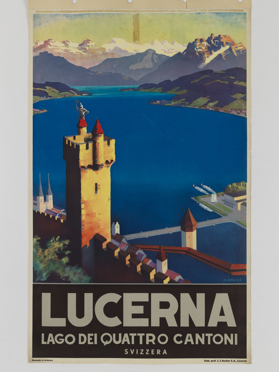 veduta di un lago con castello e attracco per barche (manifesto) di Landolt Otto (sec. XX)
