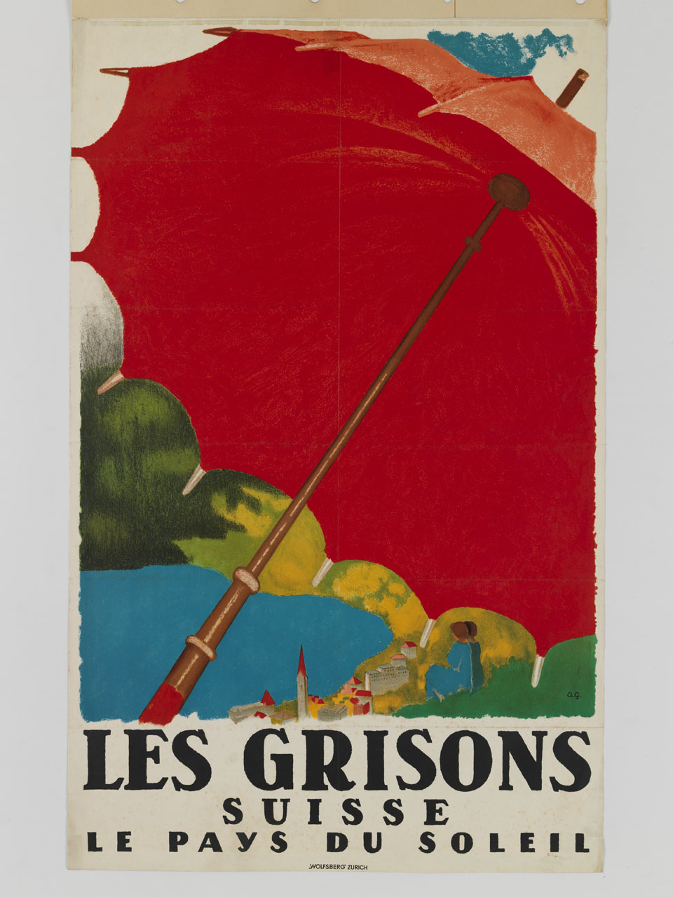 un ombrello rosso protegge due donne sedute a contemplare un lago (manifesto) di Giacometti Augusto (sec. XX)