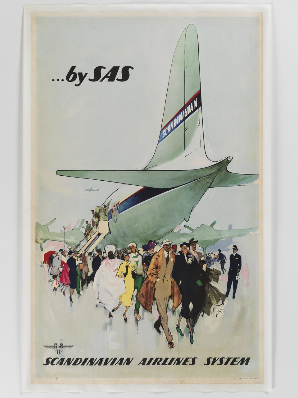 passeggeri elegantemente vestiti scendono da un aereo della SAS (manifesto) - ambito svizzero (sec. XX)