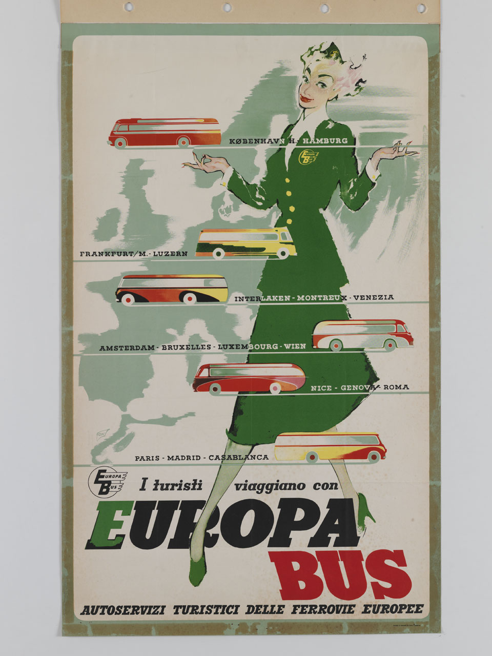 hostess mostra i pullman che sfrecciano tra le varie destinazioni europee (manifesto) - ambito danese (sec. XX)