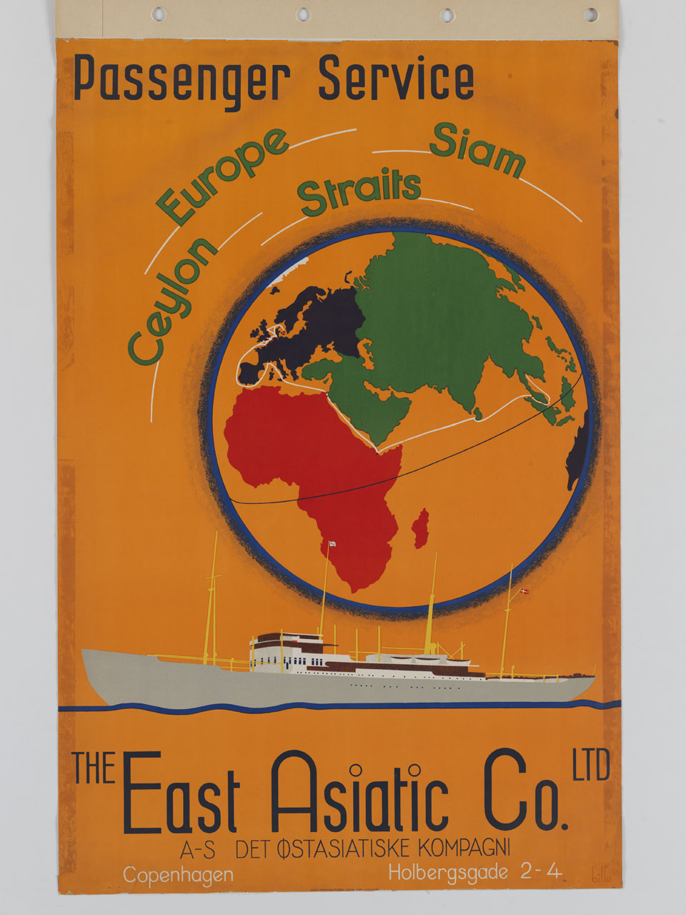nave cargo battente bandiera danese in navigazione con il planisfero sullo sfondo (manifesto) di Bille Edmond (sec. XX)