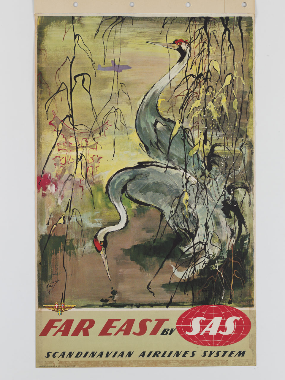 aereo sorvola uno specchio d'acqua con due gru (manifesto) di Nielsen Otto (sec. XX)