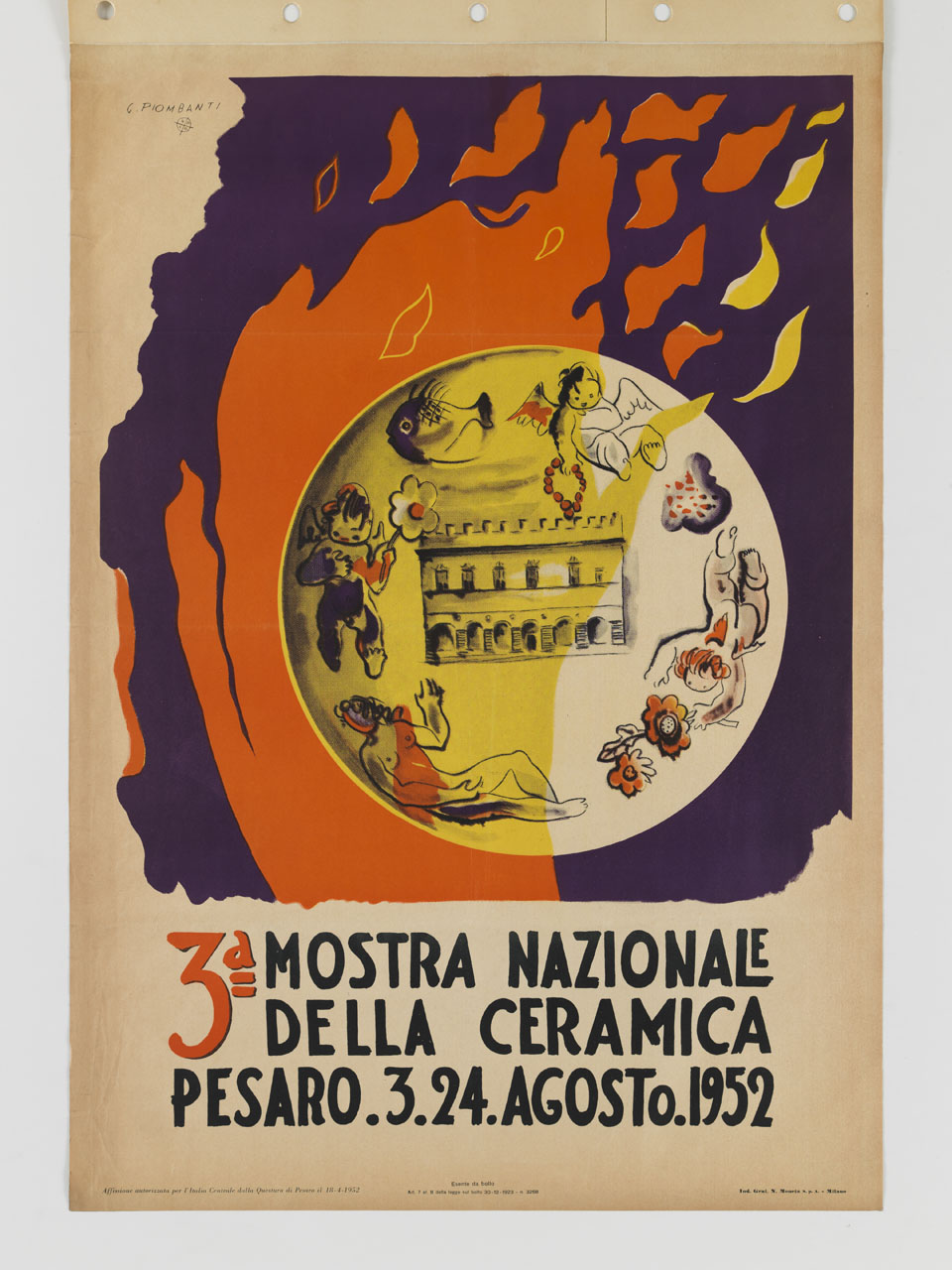 fiamme gialle e rosse lambiscono un piatto figurato col palazzo ducale di Pescaro al centro (manifesto) di Piombanti Ammannati Giuseppe (sec. XX)