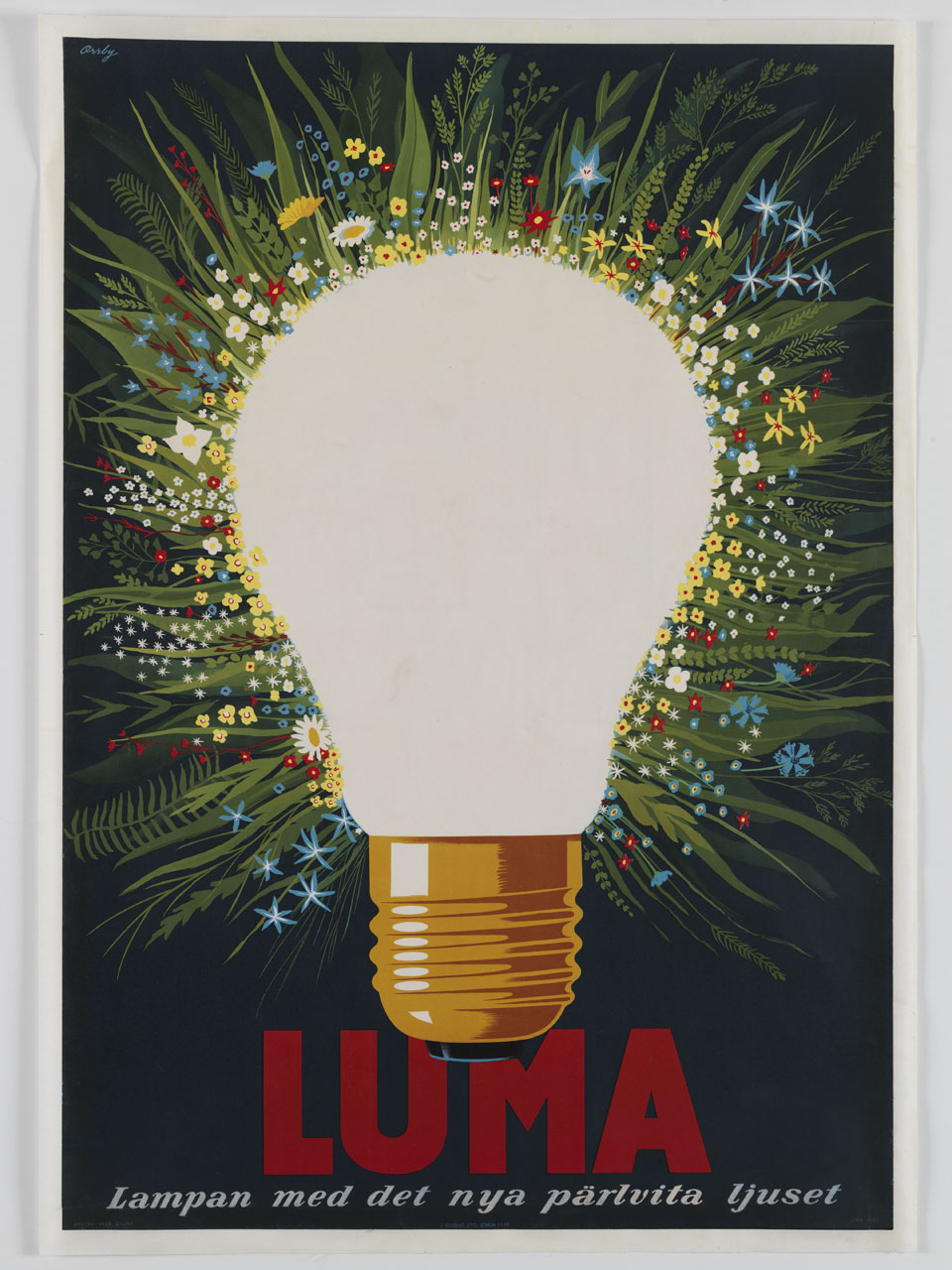 fiori sbocciano sulla superficie di una lampadina (manifesto) - ambito svedese (sec. XX)