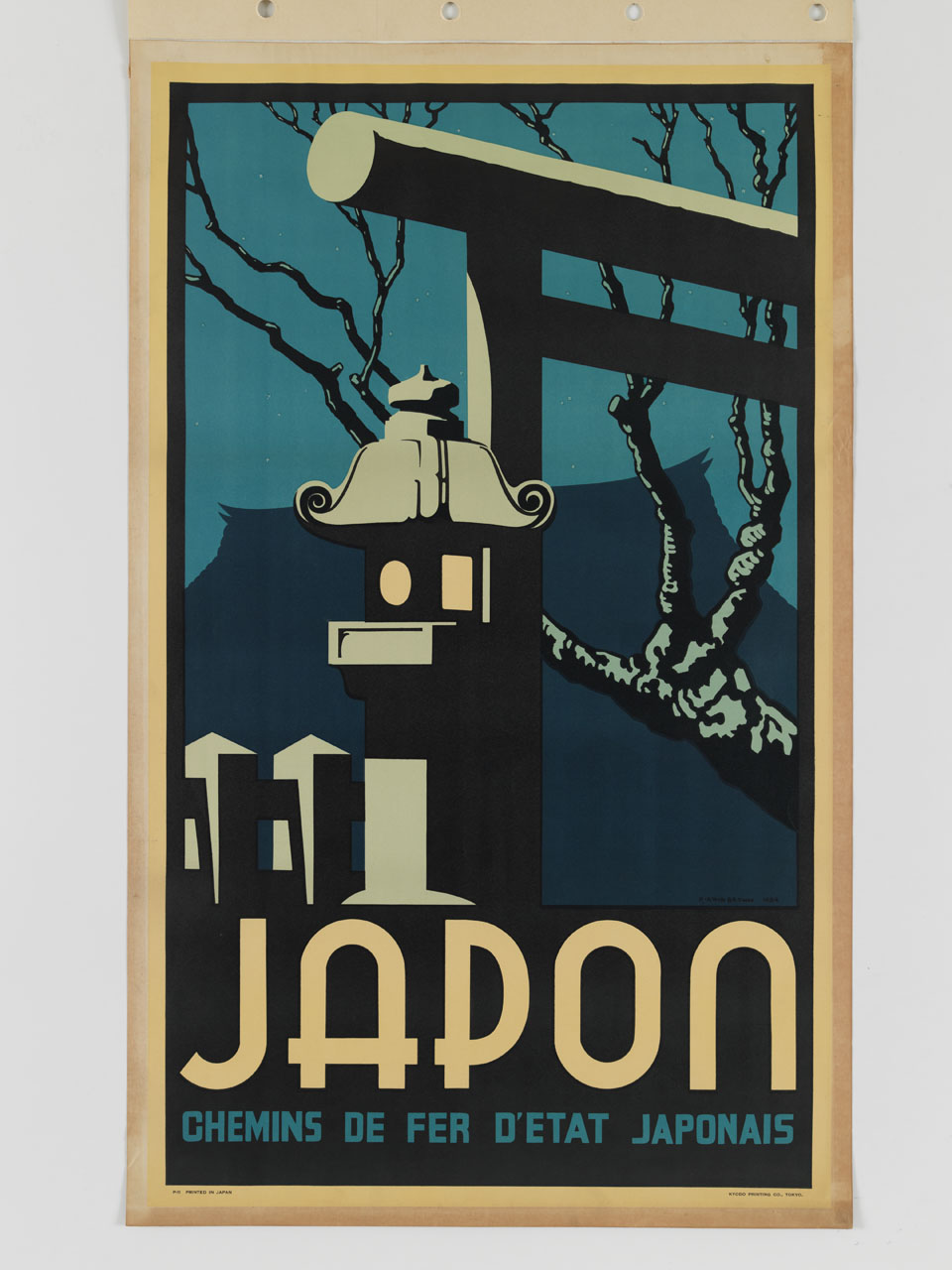 lanterna giapponese con albero spoglio e sagoma notturna di una pagoda (manifesto) di Irwin Brown Pieter (sec. XX)