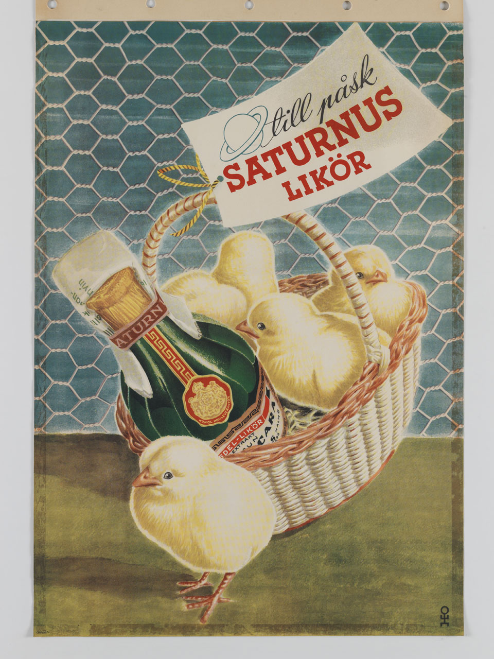 cesto in vimini con pulcini e una bottiglia (manifesto) - ambito svedese (sec. XX)