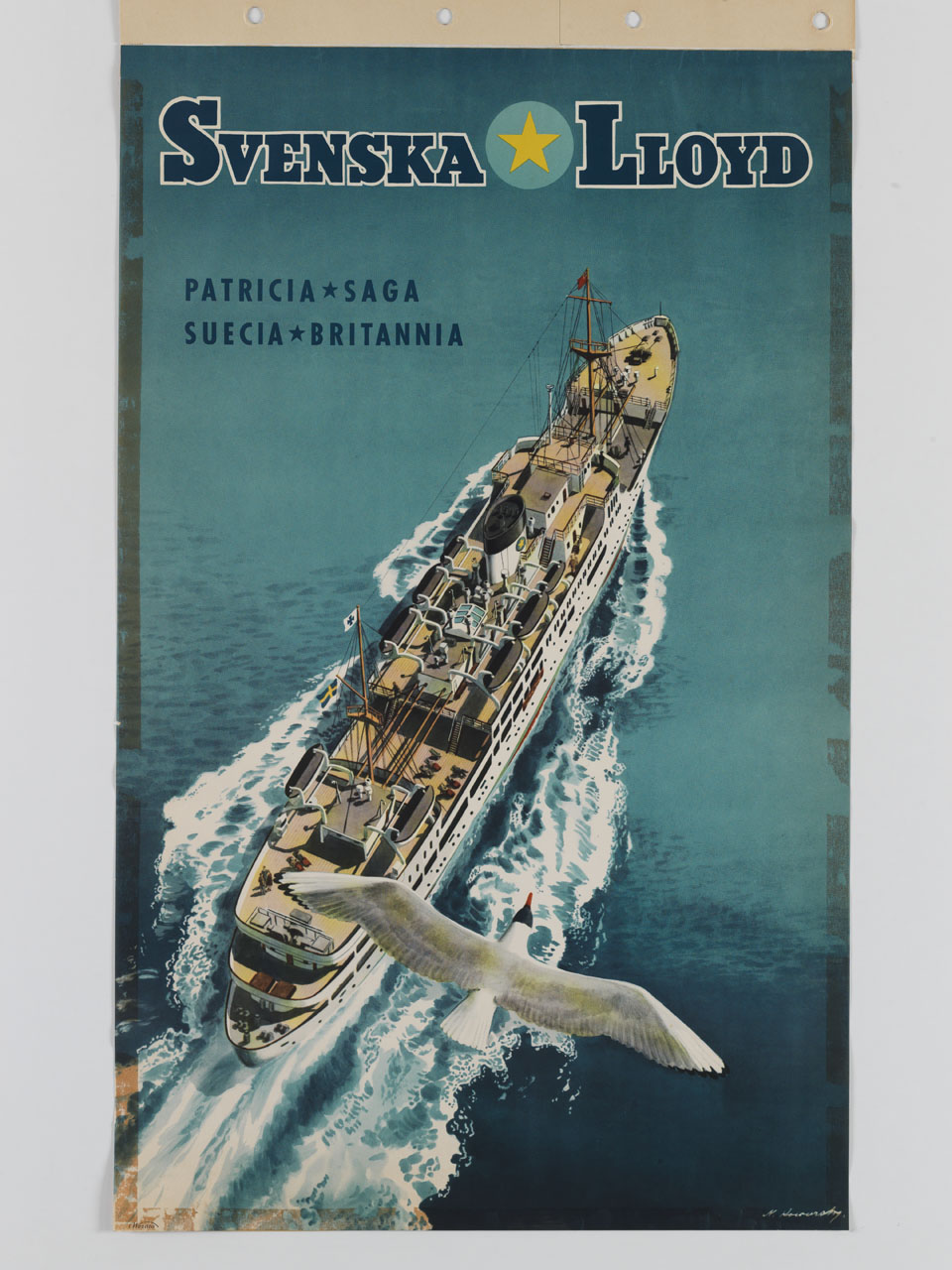 gabbiano segue un transatlantico in navigazione (manifesto) di Kovarsky N - ambito danese (sec. XX)