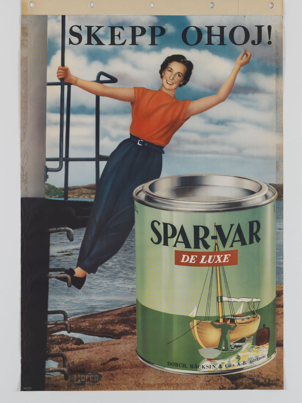 donna saluta in piedi sulle scale metalliche di una nave (manifesto) - ambito svedese (sec. XX)