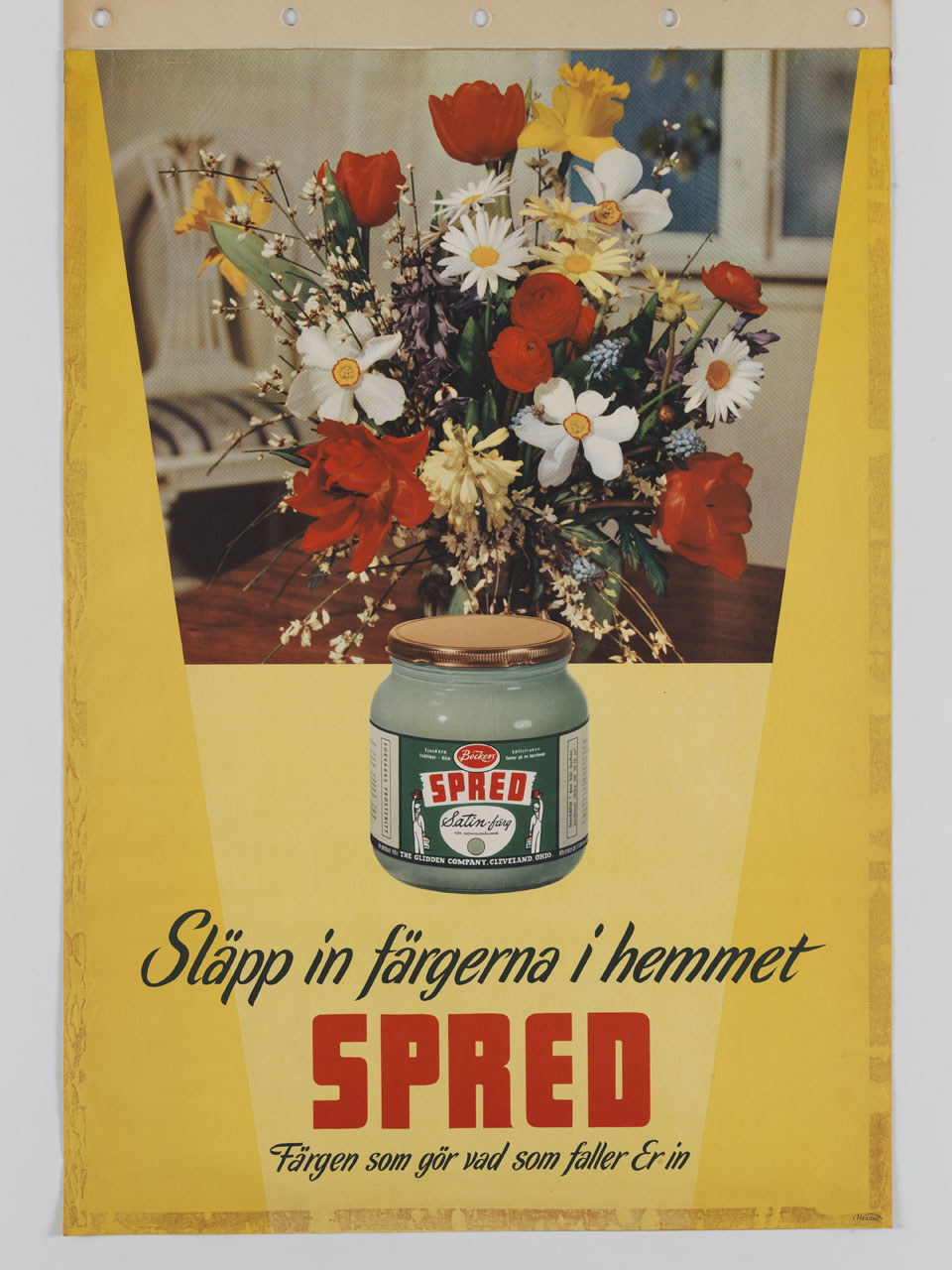 barattolo di vernice davanti a un mazzo di fiori in una stanza domestica (manifesto) - ambito svedese (sec. XX)