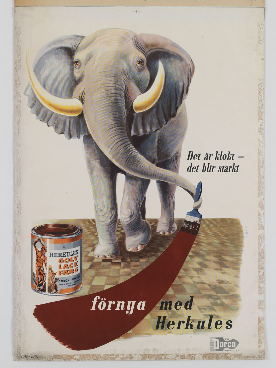 elefante usa la proboscide per dipingere con un pennello (manifesto) di Frei - ambito danese (sec. XX)