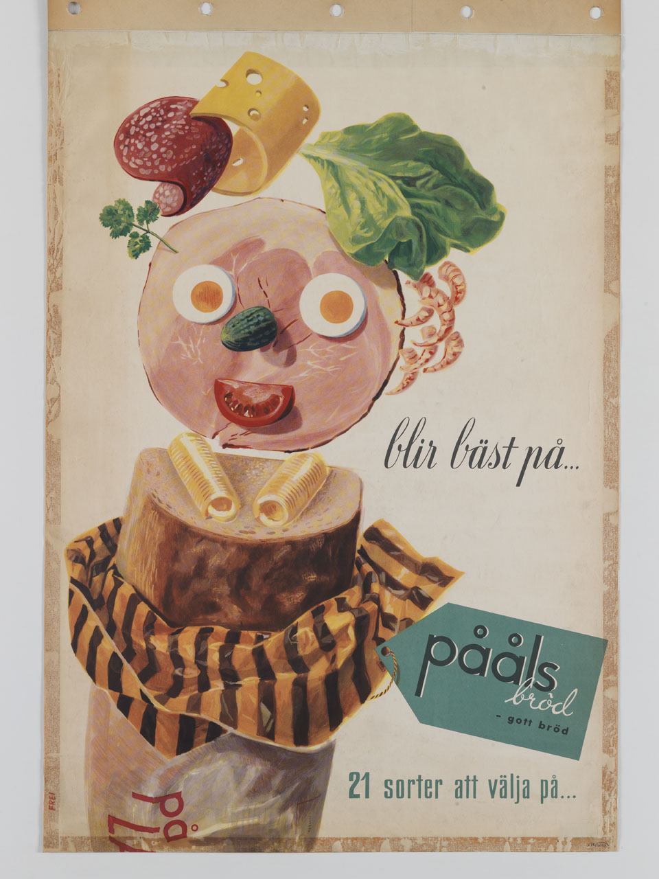 filone di pane condito e decorato da vari alimenti che gli conferiscono un aspetto antropomorfo (manifesto) di Frei - ambito danese (sec. XX)