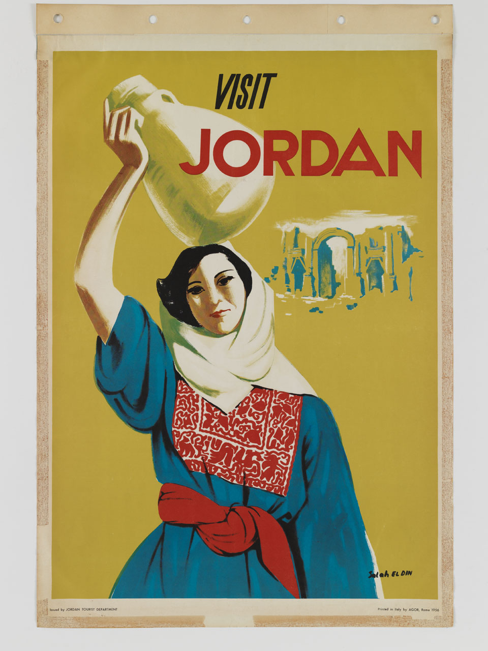 donna regge sul capo un orcio di terracotta (manifesto) di El Din, Salah - ambito mediorentale (sec. XX)