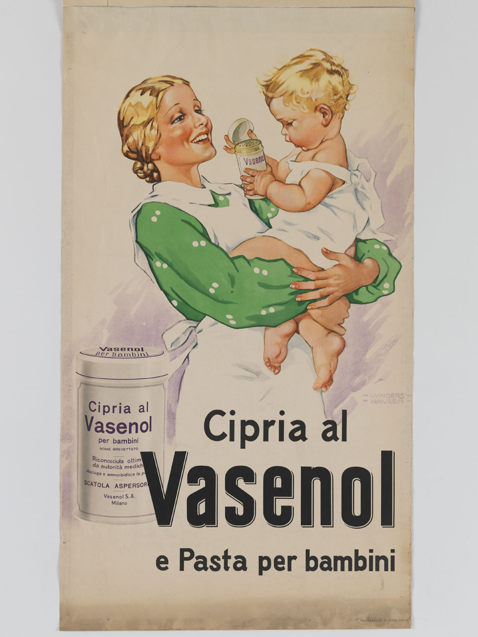 infermiera tiene in braccio un bambino che apre una confezione di Vasenol (manifesto) di Wende-Lungershausen Ilse (sec. XX)
