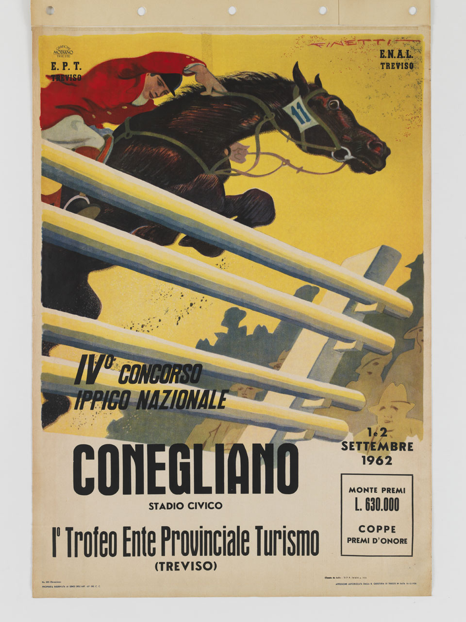 cavallo e fantino saltano un ostacolo (manifesto) di De Finetti Gino (sec. XX)
