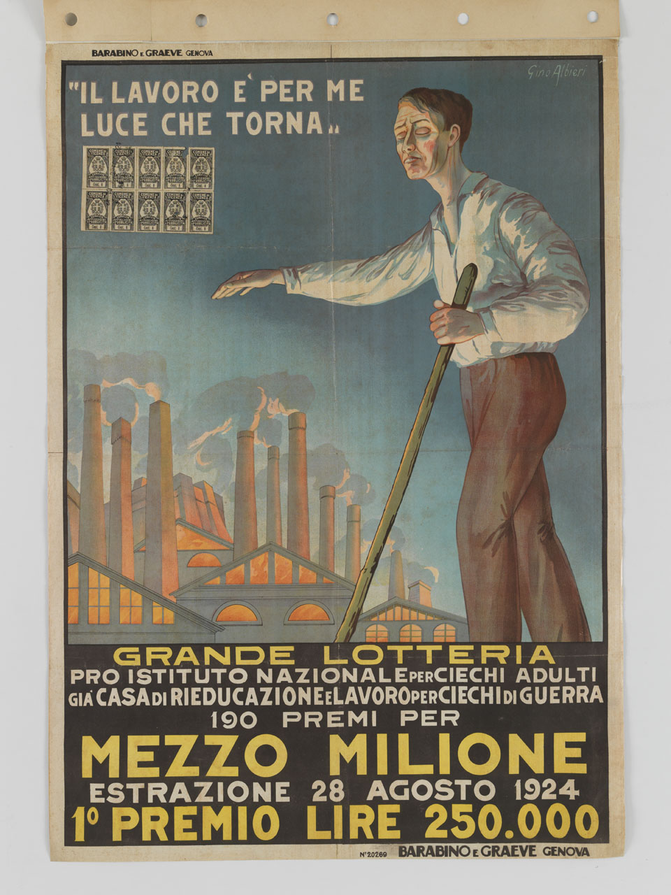 cieco cammina con un bastone nella mano sinistra sullo sfondo di fabbriche con ciminiere (manifesto) di Albieri Gino (sec. XX)