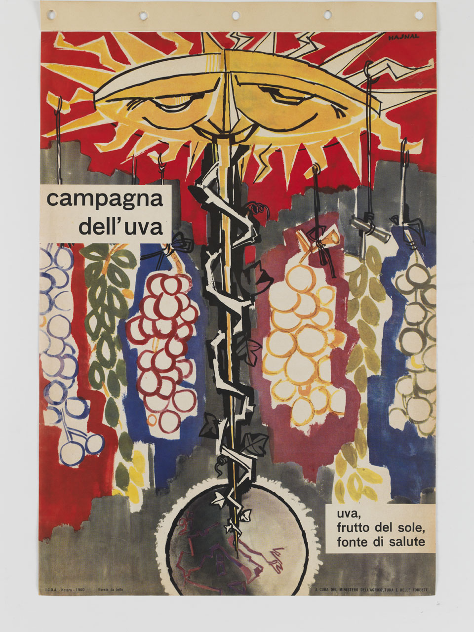 sole stilizzato soffia sul globo terrestre dando vita a rami di vite e grappoli d’uva (manifesto) di Hajnal János detto Hajnal Giovanni (sec. XX)