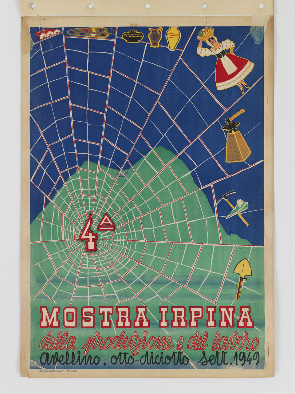 ragnatela con al centro 4A e alle estremità oggetti e figure collegati alle attività lavorative (manifesto) di de Jorio Filippo (sec. XX)