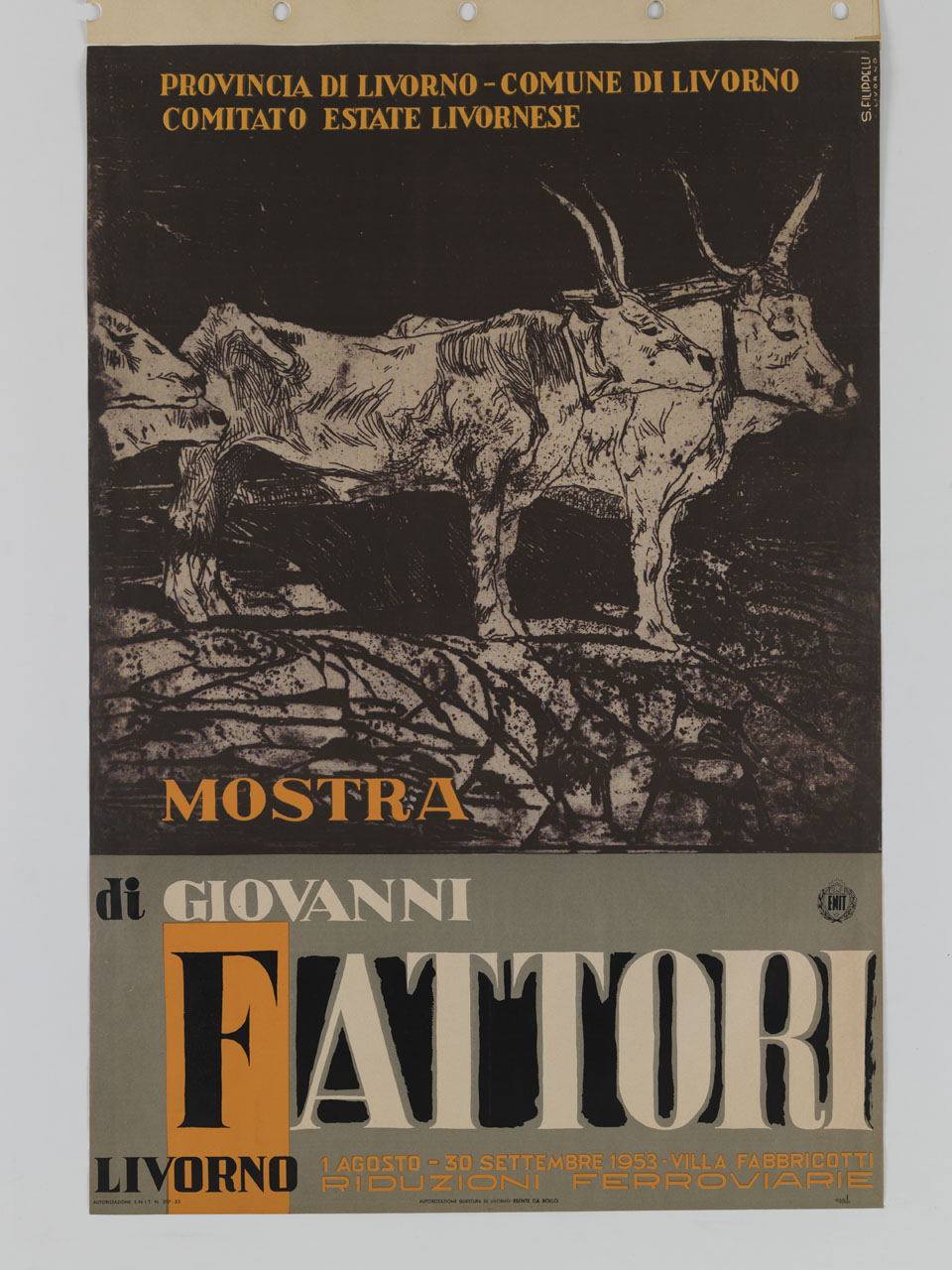 incisione con Bovi di Giovanni Fattori (manifesto) di Filippelli Silvano (sec. XX)