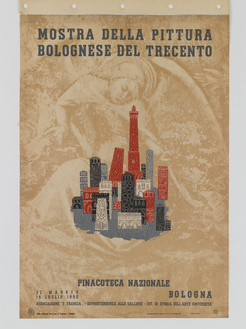 angelo si protende verso torri medievali stilizzate (manifesto) di Cuniberti Pier Achille detto Pirro (sec. XX)