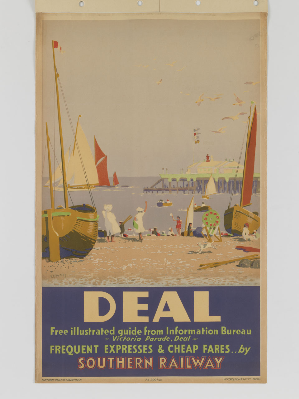 spiaggia di Deal con il pontile, bagnanti e imbarcazioni a vela (manifesto) di Alker Tripp Herbert (sec. XX)