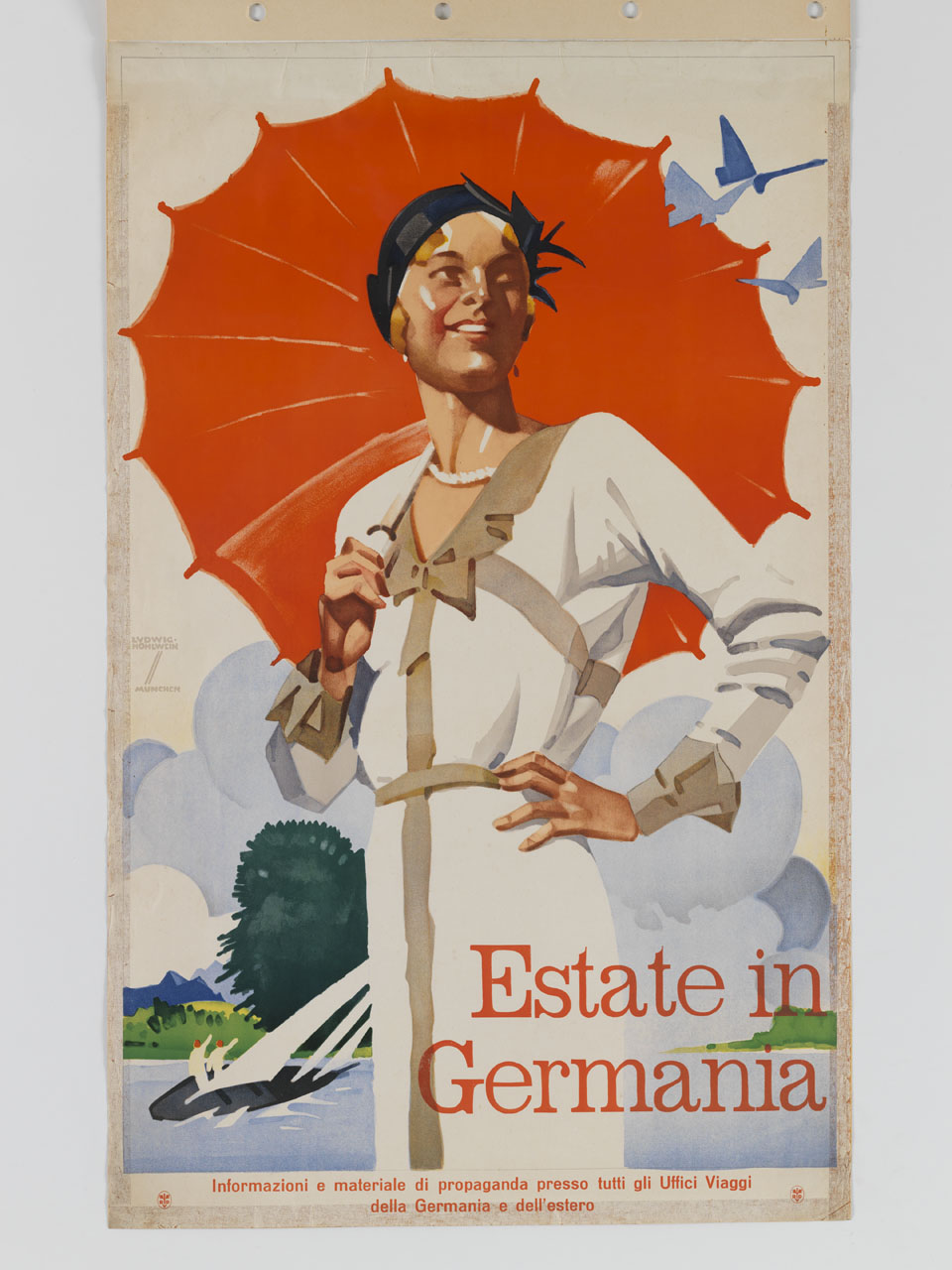 donna con ombrello rosso sullo sfondo di un corso d'acqua con barca a vela (manifesto) di Hohlwein Ludwig (sec. XX)