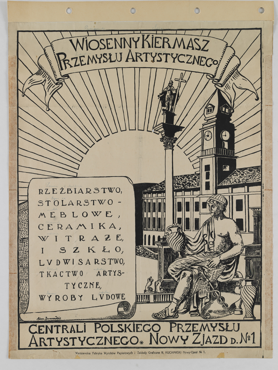 Mercurio assiso sullo sfondo della piazza del Castello Reale di Varsavia (manifesto) di Buraczewski Adam (sec. XX)