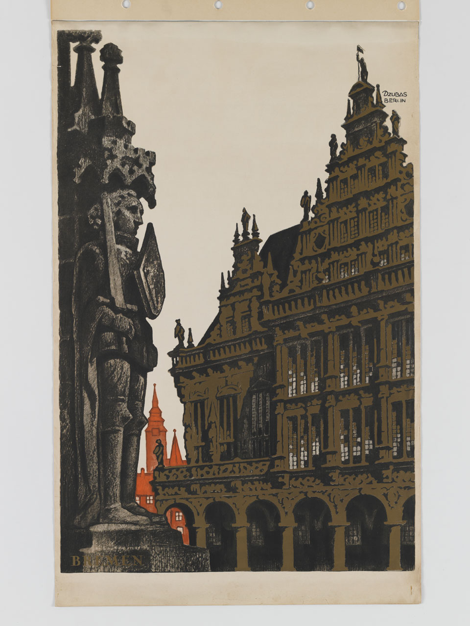 veduta del Municipio e della statua del Roland a Brema (manifesto) di Dzubas Willy (sec. XX)