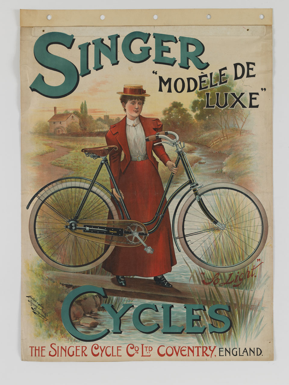 donna con abito rosso solleva con leggerezza una bicicletta per attraversare un ruscello (manifesto) di Hudson & Son - ambito inglese (sec. XIX)