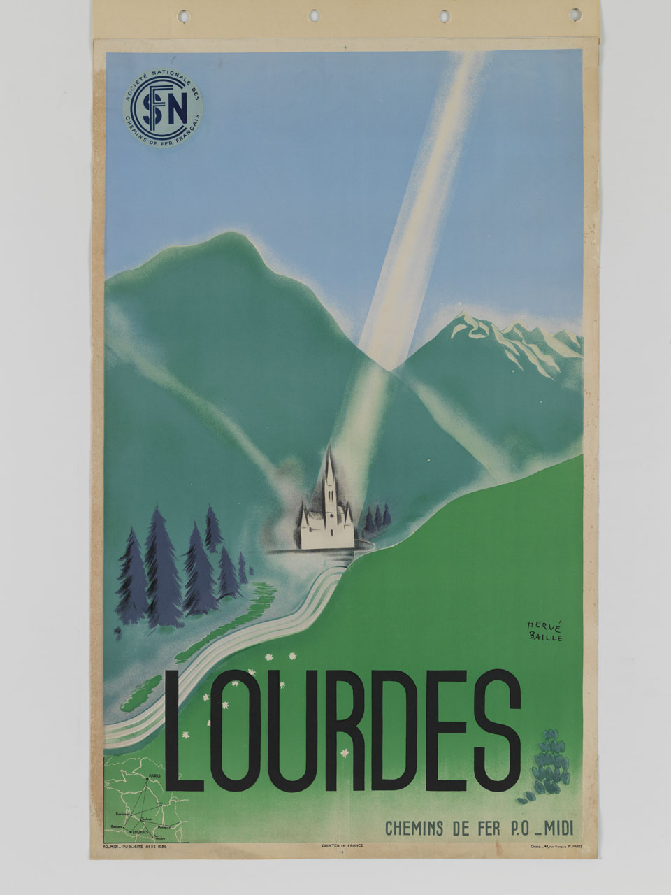 un raggio di luce illumina il Santuario di Notre-Dame a Lourdes (manifesto) di Baille Hervé (sec. XX)