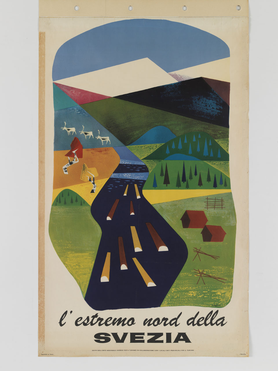 composizione astratta con paesaggio nordico, fiume, tronchi galleggianti renne e montagne (manifesto) di Krede S - ambito svedese (sec. XX)