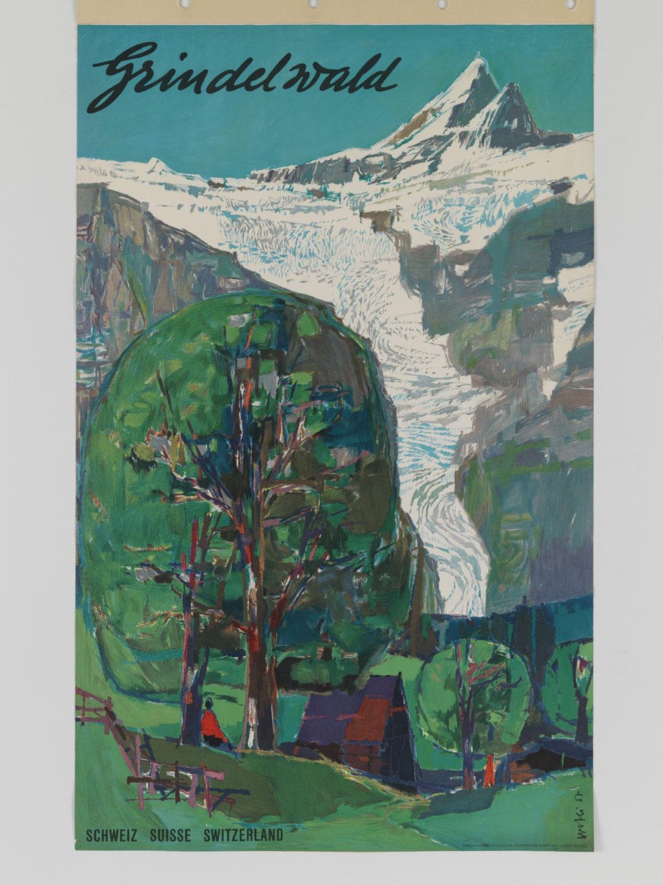 paesaggio alpino stilizzato con vette, ghiacciaio e villaggio alberato (manifesto) di Wetli Hugo (sec. XX)