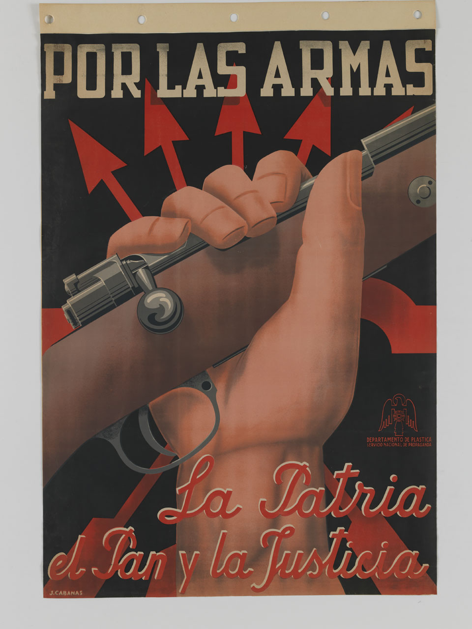 mano alzata regge un moschetto sullo sfondo del simbolo della Falange Española (manifesto) di Cabanas Erauski Juan (sec. XX)