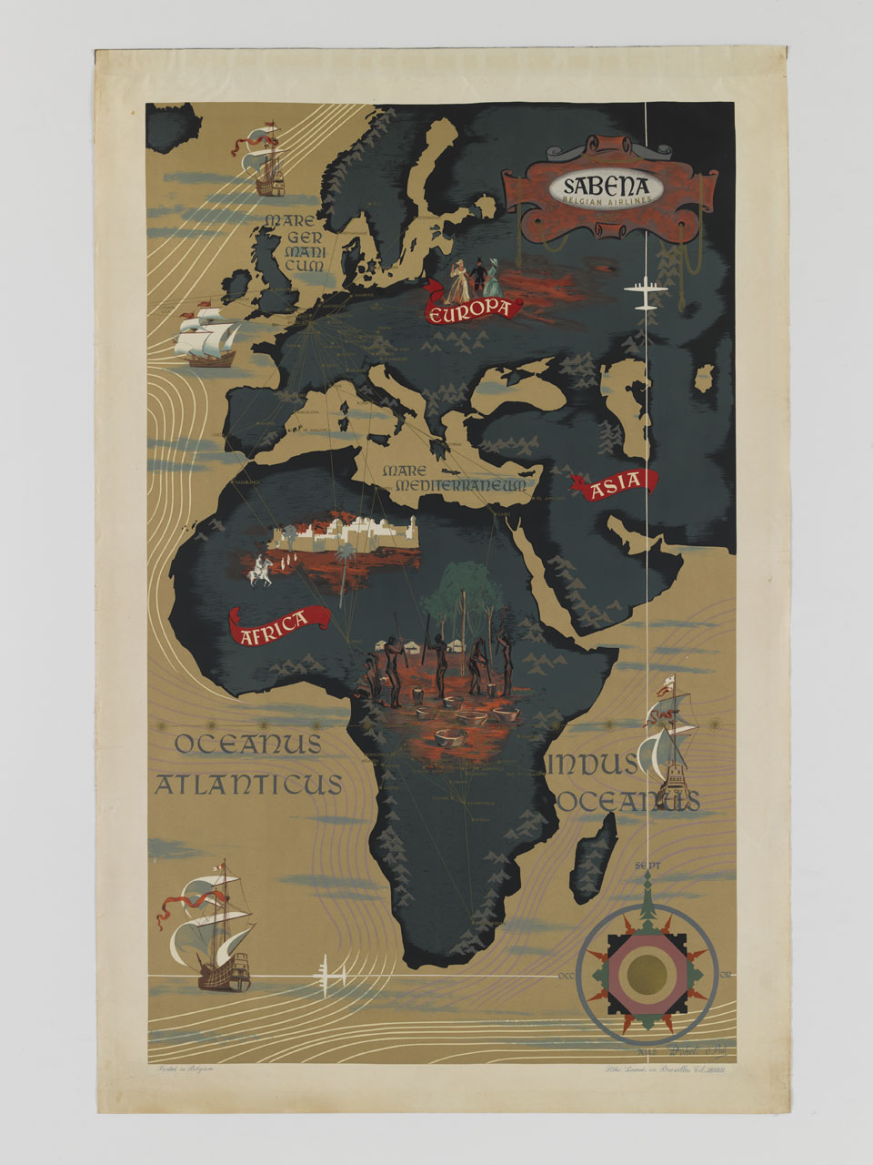 mappa geografica di Europa, Asia e Africa con velieri sui mari e collegamenti aerei (manifesto) di Dohet Henri, Commerciale Publicité (sec. XX)